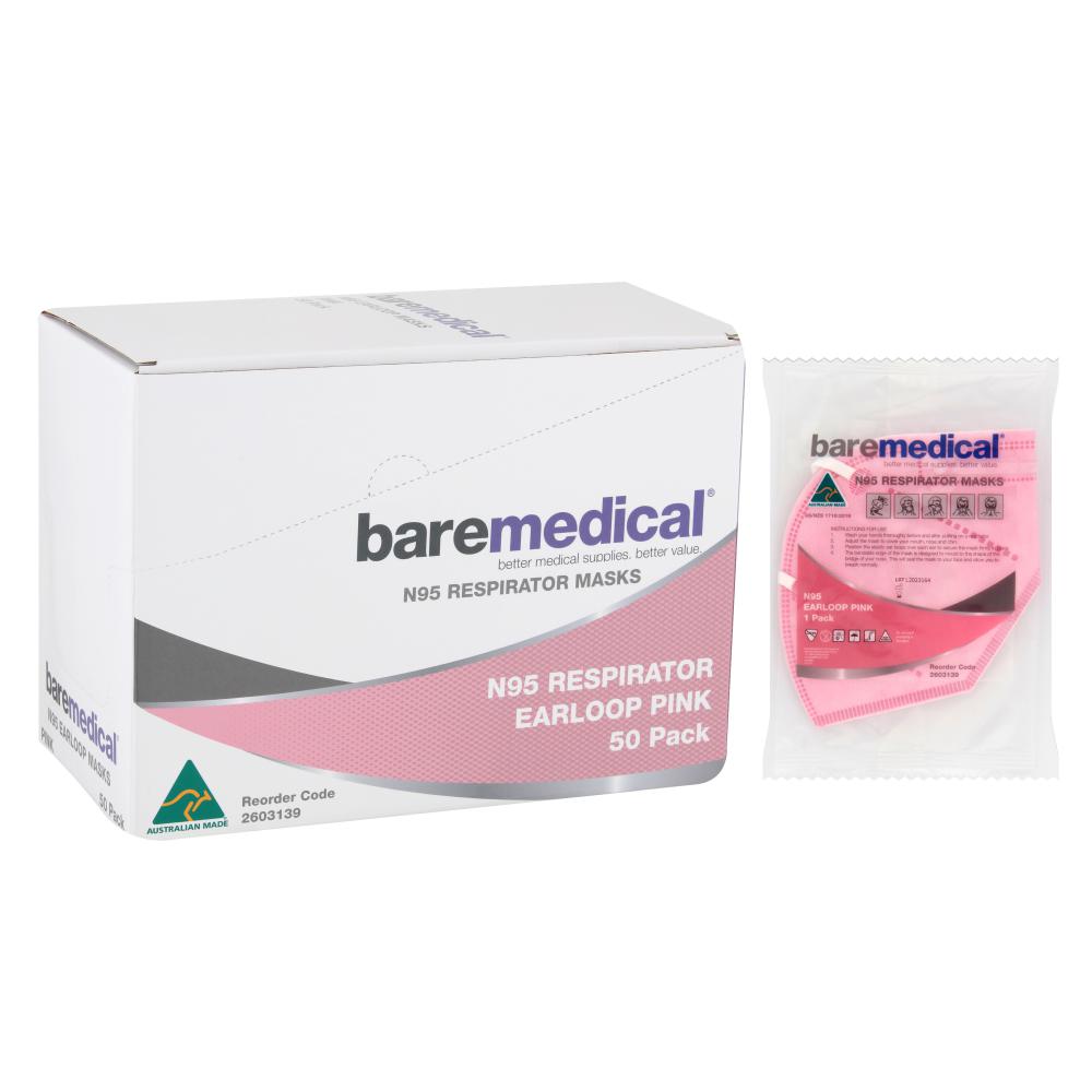 BareMed N95 MASK VERTICAL FLAT FOLD RETAIL INDIVIDUAL PACK PINK (Box 50)