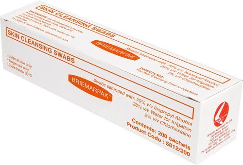 Briemar Skin Cleansing Swabs 2% Chlorhexidine & 70% Isopropyl Alcohol (Box 200)