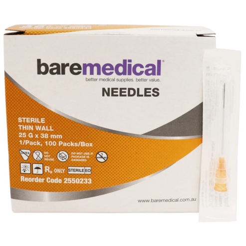 BareMed NEEDLE HYPO TW 25G X 38MM ST SU (Box 100)