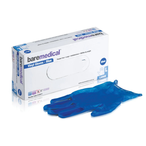 BareMed GLOVE VINYL LARGE BLUE P/FREE STD CUFF BLUE (Box 100)