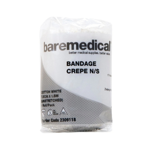 BareMed BANDAGE CREPE 7.5CM X 1.5M COTTON WHITE N/S UNSTRETCHED (Box 12)