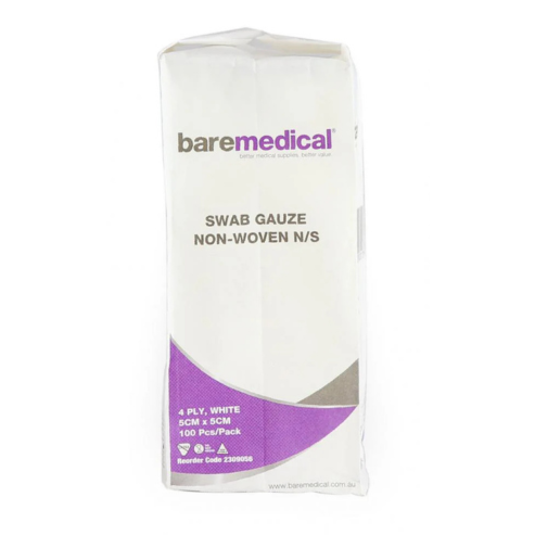 BareMed SWAB GAUZE 4PLY WHITE NONWOVEN 10CM X 10CM SU (Box 100)