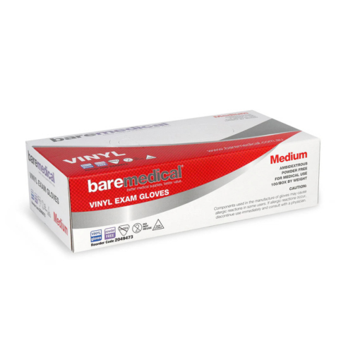 BareMed GLOVE EXAM VINYL MEDIUM P/FREE STD CUFF CLEAR (Box 100)