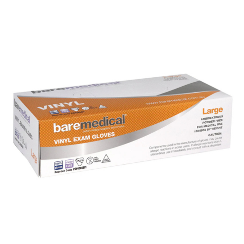 BareMed GLOVE EXAM VINYL LARGE P/FREE STD CUFF CLEAR (Box 100)