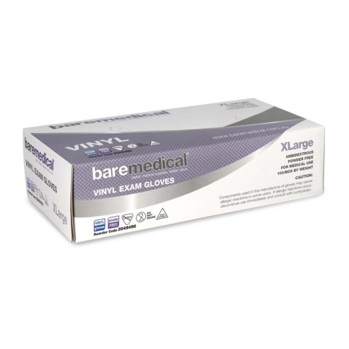 BareMed GLOVE EXAM VINYL EXTRA LARGE P/FREE STD CUFF CLEAR (Box 100)