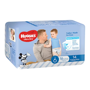 Huggies Ultra Dry Nappies Junior Size 6 Boy 16kg+ (Pk 14)