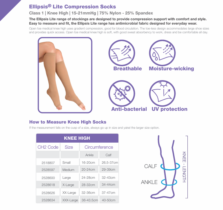 BareMed STOCKING ELLIPSIS LITE KNEE 15-21mmHg OPEN TOE CLASS 1 (Each)