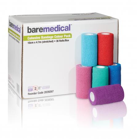 BareMed BANDAGE COHESIVE SELF ADHERENT 10CM X 4.7M COLOUR PACK (Box 36)