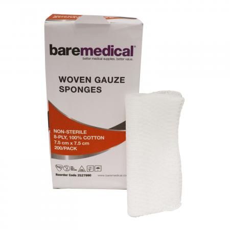 BareMed WOVEN GAUZE SPONGE 8PLY 7.5CM X 7.5CM (Box 200)