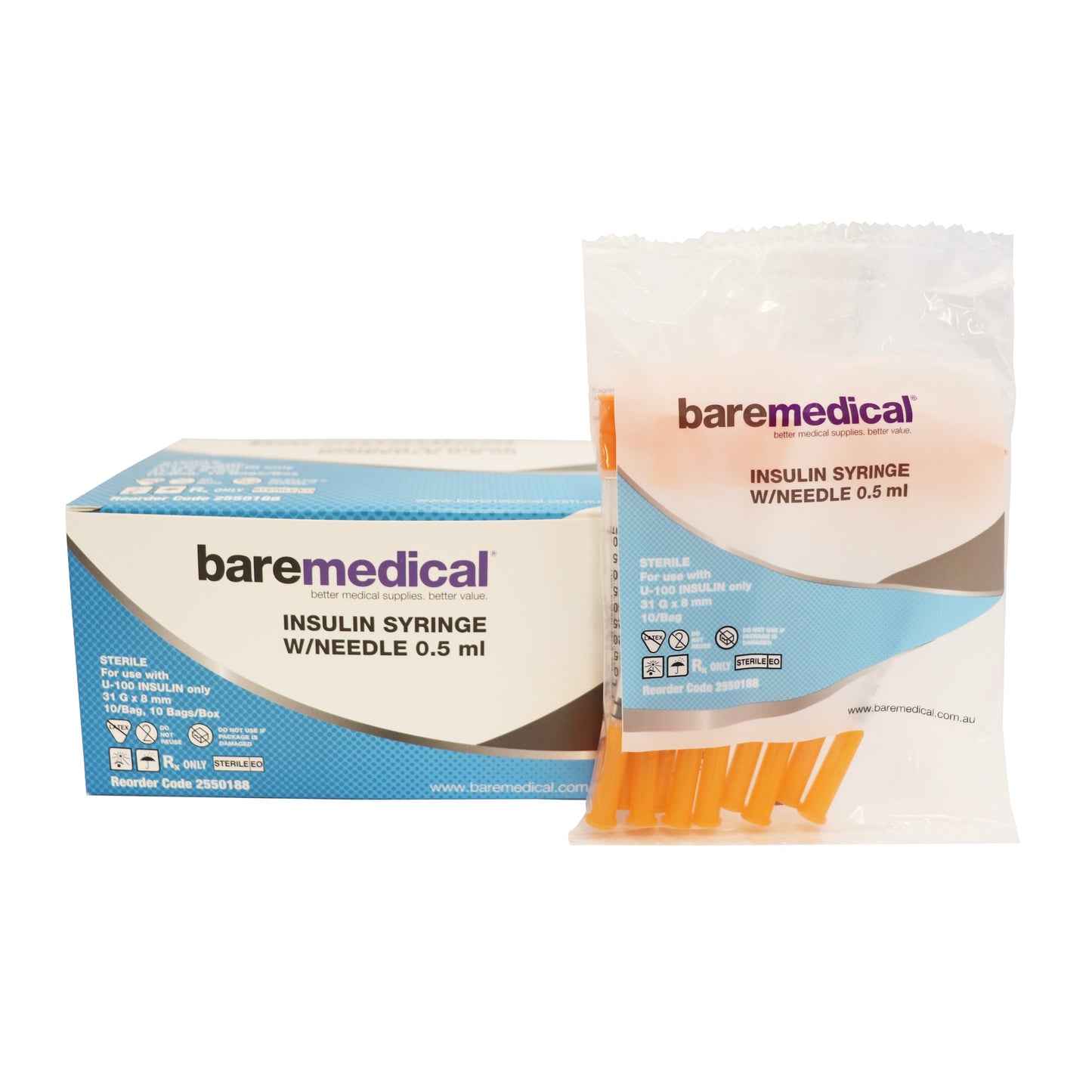 BareMed INSULIN SYRINGE W/NEEDLE 0.5ML 31G X 8MM ST SU (Box 100)