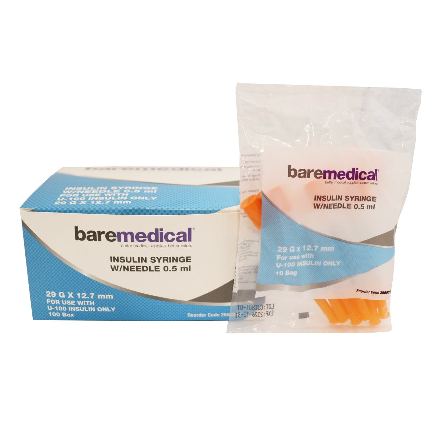BareMed INSULIN SYRINGE WITH NEEDLE 0.5ML 29G X 12.7MM ST SU (Box 100)