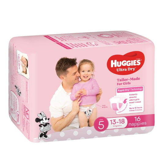 Huggies® Ultra Dry Nappies Walker Size 5 Girl 13-18kg (Packet 16)