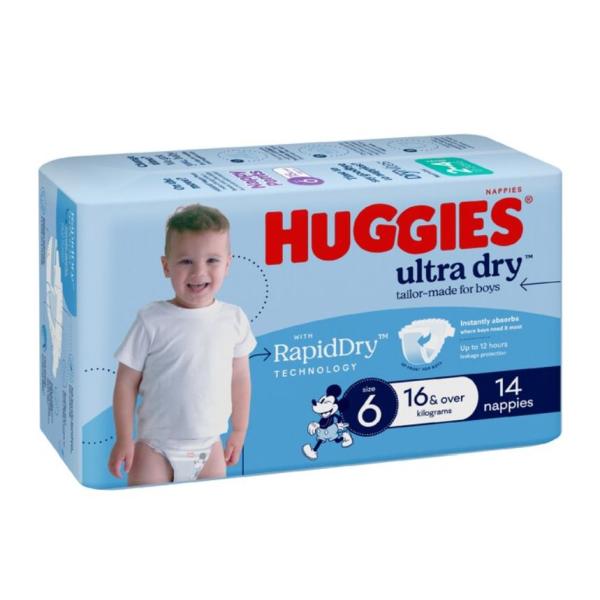 Huggies Ultra Dry Nappies Junior Size 6 Boy 16kg+ (Pk 14)