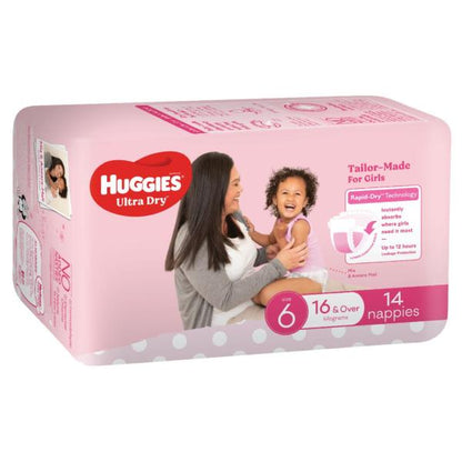 Huggies Ultra Dry Nappies Junior Size 6 Girl 16kg+ (Pk 14)