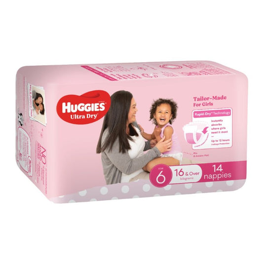 Huggies® Ultra Dry Nappies Junior Size 6 Girl 16kg+ (Packet 14)