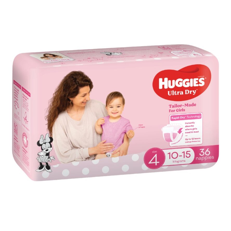 Huggies® Nappies Ultra Dry Toddler Size 4 Girl 10-15 Kg (Packet 36)