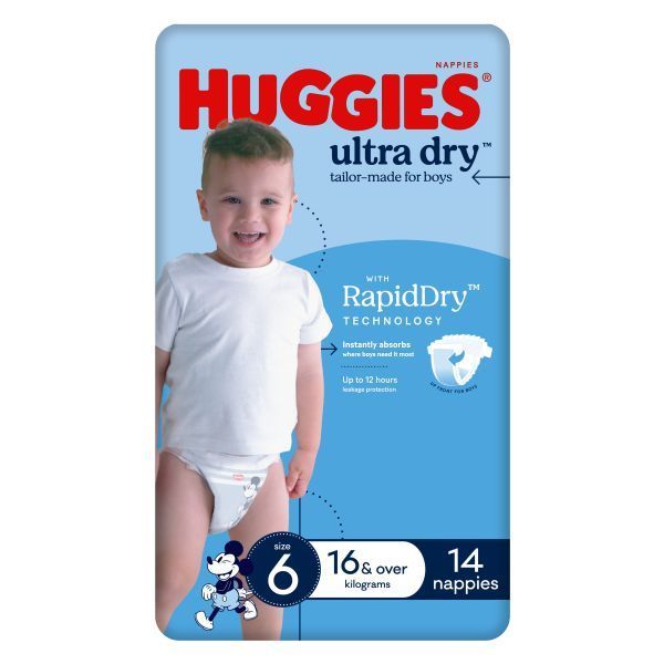 Huggies Ultra Dry Nappies Junior Size 6 Boy 16kg+ (Pk 14)