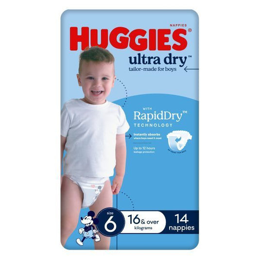 Huggies Ultra Dry Nappies Junior Size 6 Boy 16kg+ (Pk 14)
