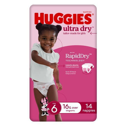 Huggies Ultra Dry Nappies Junior Size 6 Girl 16kg+ (Pk 14)