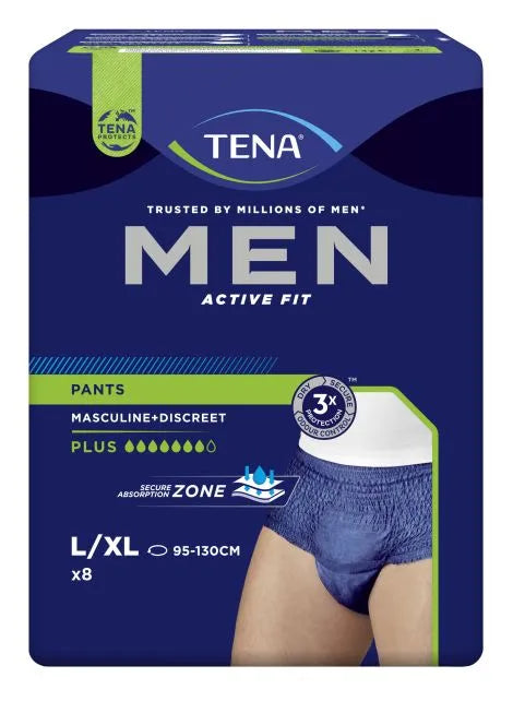 Tena Mens Active Fit Plus Pant Large 95-130cm 1010ml Navy (Packet 8)