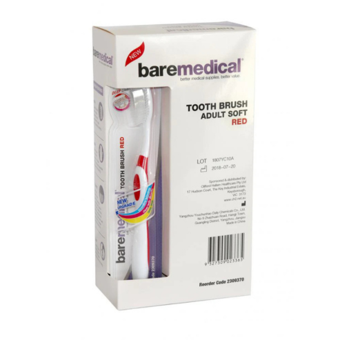 BareMed TOOTHBRUSH RED ANGLE HEAD INDIVIDUAL WRAPPED (Box 12)