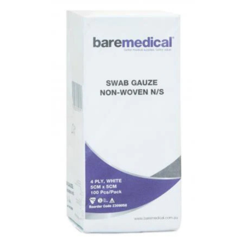 BareMed SWAB GAUZE 4PLY WHITE NONWOVEN 5CM X 5CM SU (Box 100)