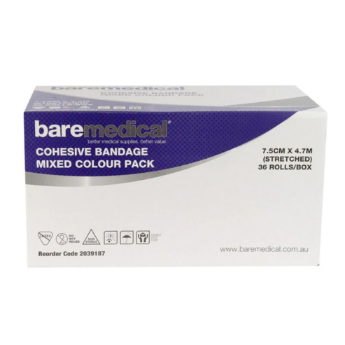 BareMed BANDAGE COHESIVE SELF ADHERENT 7.5CM X 4.7M COLOUR PACK (Box 36)