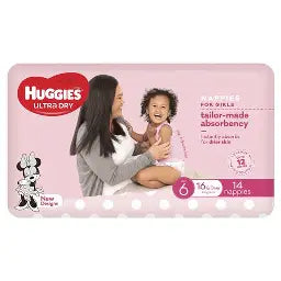 Huggies Ultra Dry Nappies Junior Size 6 Girl 16kg+ (Pk 14)
