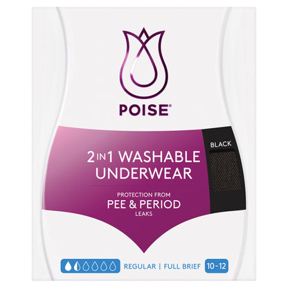 Poise Washable Underwear 2 in1 Briefs 10/12 Black