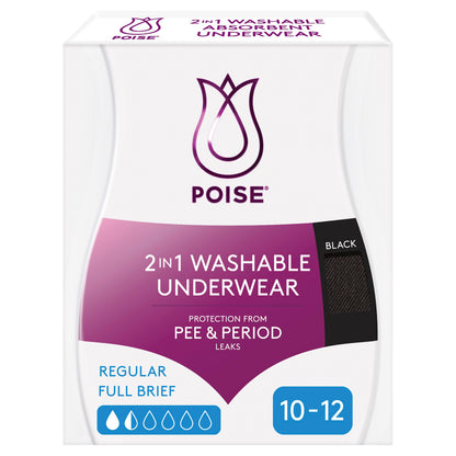Poise Washable Underwear 2 in1 Briefs 10/12 Black