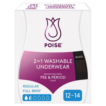 Poise Washable Underwear 2 in1 Briefs 12/14 Black