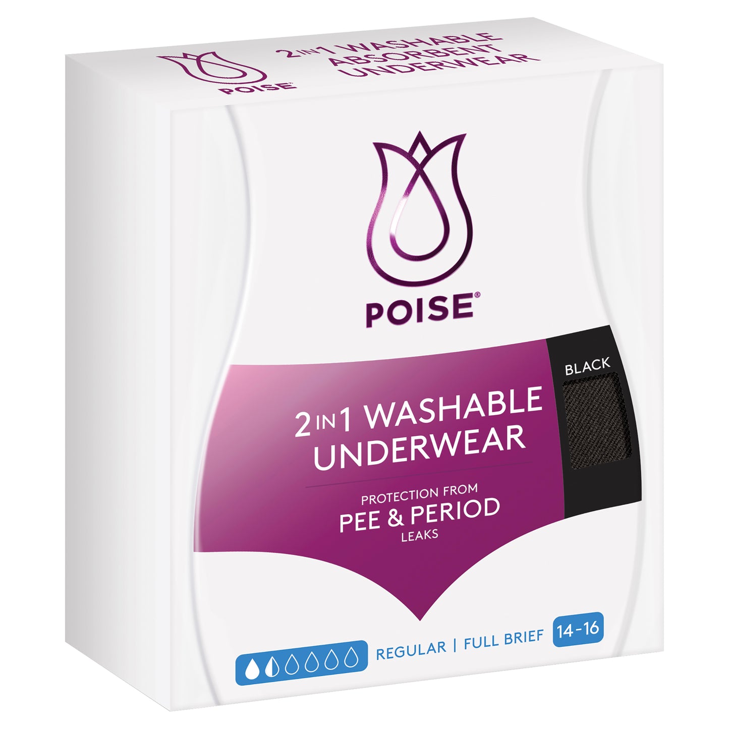 Poise Washable Underwear 2 in1 Briefs 14/16 Black