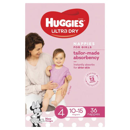 Huggies Nappies Ultra Dry Toddler Size 4 Girl 10-15 Kg
