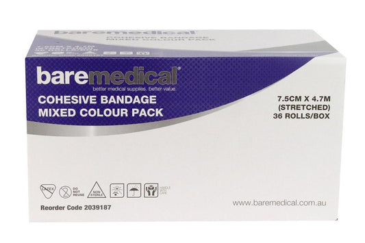 BareMed BANDAGE COHESIVE SELF ADHERENT 7.5CM X 4.7M COLOUR PACK (Box 36)