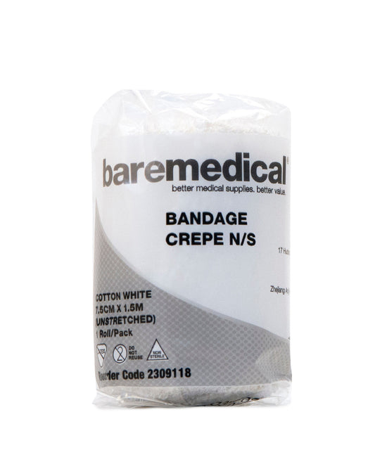 BareMed BANDAGE CREPE 7.5CM X 1.5M COTTON WHITE N/S UNSTRETCHED (Box 12)