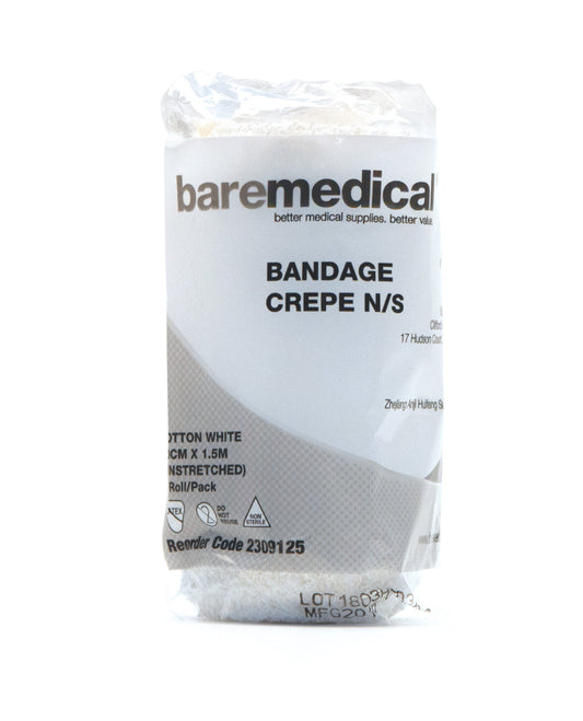 BareMed BANDAGE CREPE 10CM X 1.5M COTTON WHITE N/S UNSTRETCHED (Box 12)