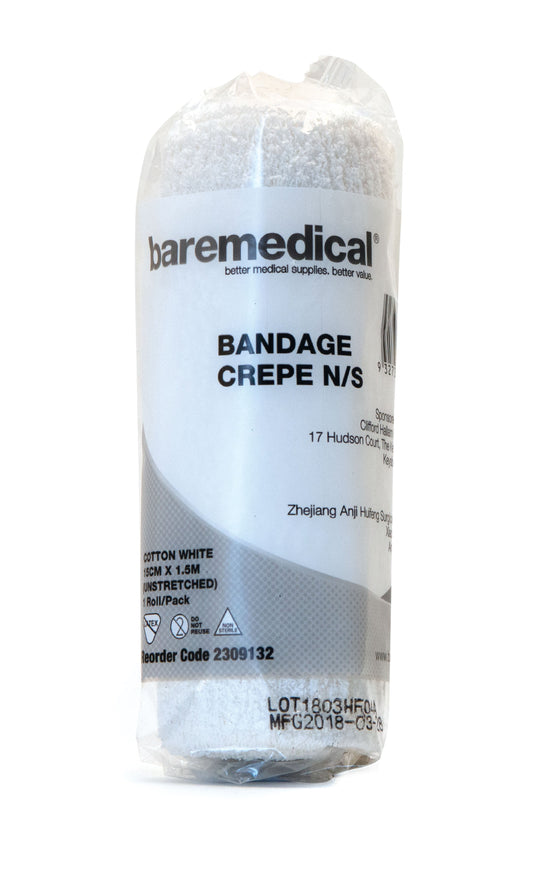BareMed BANDAGE CREPE 15CM X 1.5M COTTON WHITE N/S UNSTRETCHED (Box 12)